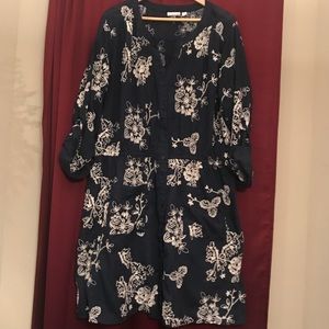 Navy Embroidered Floral A-Line Shirt Dress